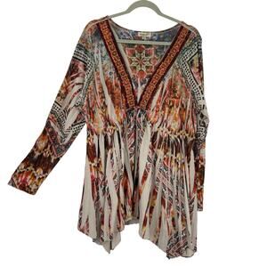 One World tunic Top Plus size 2X Sequin V Neck Long Sleeve boho Pattern